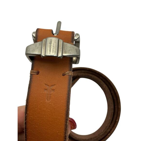 Frye Womens Tan Leather Logo Skinny Belt Antique Silver Buckle DC1130C Sz. XL main image 12